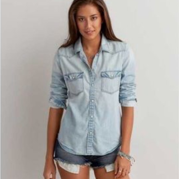 American Eagle Outfitters Tops - Denim button down shirt- AEO (LIGHT WASH)
